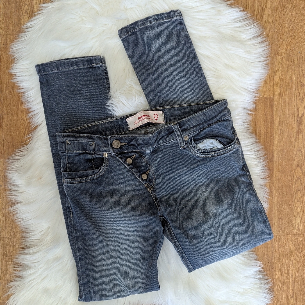 Feranda Couture Jeans Skinny Jeans Stone Gray Blue Wash Offset Button Fly